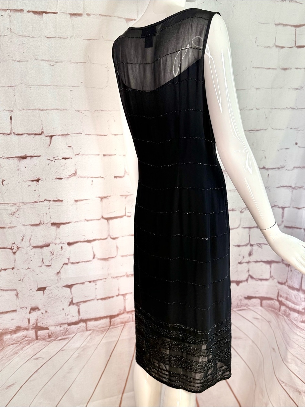SIGRID OLSEN Black Sheath Sheer Overlay Metallic Thread 10 Cocktail Party Dress - Picture 11 of 14